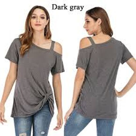 NEW WOMEN'S DARK GRAY ONE COLD SHOULDER TWIST KNOT TUNIC SHIRT SIZE 2XL - Picture 3 of 6